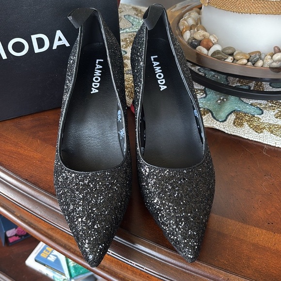 Brand New Lamoda My Love Glitter Heels Pointed Toe Heart Shaped Block Heels - Picture 5 of 16